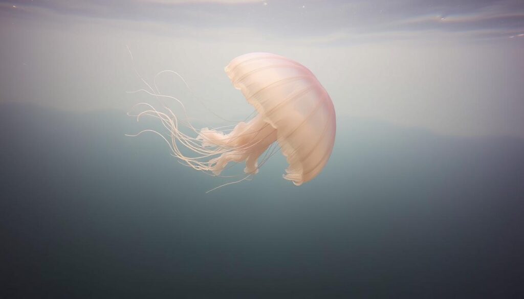 A translucent jellyfish drifting through a serene, underwater scene, its delicate tentacles swirling gracefully. The creature's ethereal silhouette is accentuated by soft, diffused lighting, creating an almost mystical atmosphere. In the background, a faint, watery landscape fades into the distance, hinting at the jellyfish's tranquil, aquatic realm. The image conveys a sense of introspection and the cycle of life, capturing the jellyfish's symbolic meaning of vulnerability, adaptability, and the transience of existence.