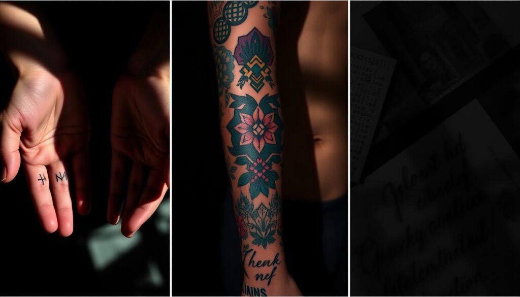 A triptych showcasing contrasting tattoo styles. In the foreground, a pair of hands displaying matching minimalist line-work designs in black ink. In the middle ground, an intricate sleeve tattoo in vibrant colors, featuring bold geometric patterns and delicate floral motifs. In the background, a cluster of smaller, complementary tattoos in varied styles - dot work, watercolor, and script - creating a harmonious composition. Dramatic chiaroscuro lighting casts dramatic shadows, highlighting the textural details of the skin. Captured with a shallow depth of field, the image focuses the viewer's attention on the interplay between the unified and diverse tattoo aesthetics.