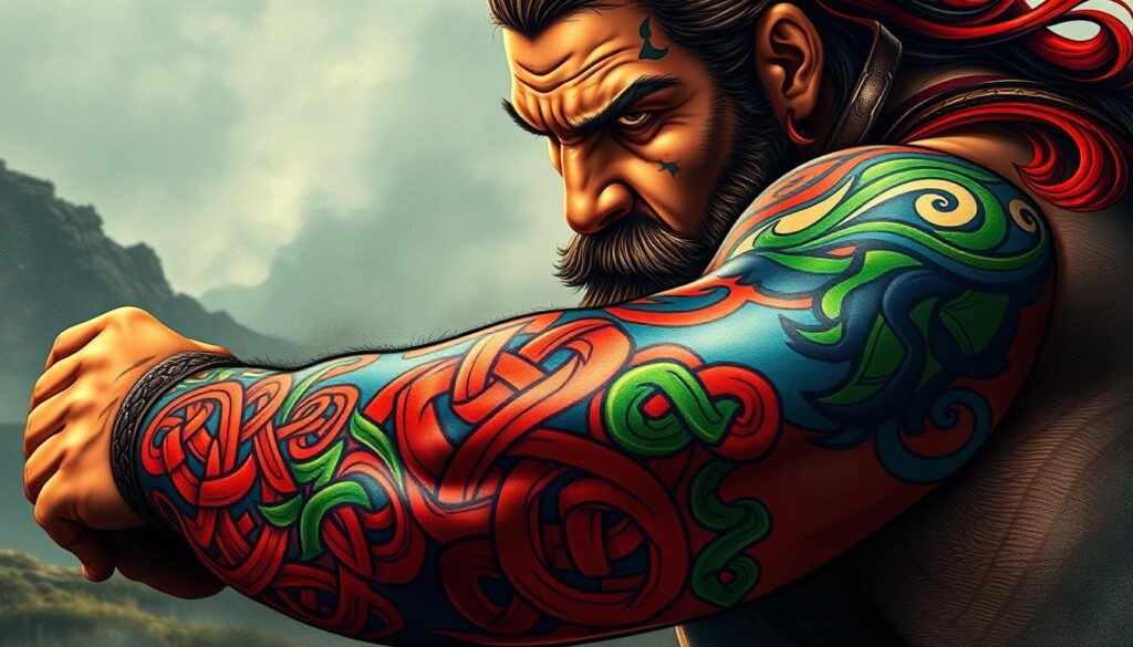 A vibrant Celtic warrior tattoo design featuring intricate knotwork patterns and bold color choices. The foreground showcases the warrior's powerful arm, adorned with a dynamic display of swirling reds, greens, and blues that evoke the fiery spirit and natural elements of Celtic iconography. The middle ground highlights the warrior's fierce expression, accentuated by the dramatic lighting that casts dramatic shadows and highlights the sculpted features. The background blends a misty, ethereal landscape with subtle textures and hues that complement the warrior's tattoos, creating a cohesive and visually striking composition. The overall mood is one of fierce determination, ancient tradition, and a connection to the natural world.