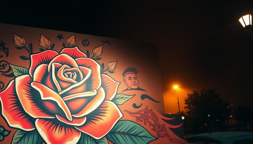 A vibrant Chicano tattoo-inspired mural, featuring bold lines, intricate patterns, and a mix of traditional and modern Chicano iconography. The foreground showcases a large, central tattoo-style rose, its petals unfurling in a burst of rich, saturated colors. Swirling around it are tribal-inspired motifs, intertwining with stylized script and symbols that evoke the Chicano cultural heritage. In the middle ground, a detailed portrait of a Chicano individual emerges, their weathered, expressive face conveying a sense of pride and resilience. The background is a hazy, atmospheric cityscape, streetlamps casting a warm, moody glow that enhances the overall tattoo-like aesthetic. The lighting is dramatic, with deep shadows and highlights that accentuate the textural quality of the mural, as if it were hand-drawn and inked directly onto the viewer's skin.