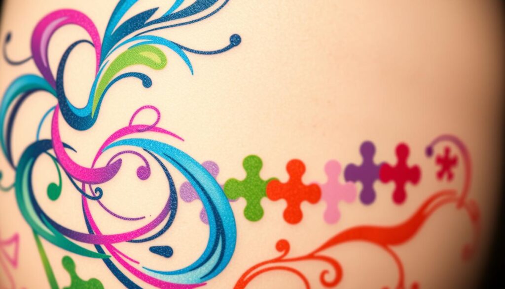 A vibrant, abstract autism tattoo design featuring a whimsical, spectrum-inspired color palette. In the foreground, a dynamic, swirling pattern of blues, greens, purples, and reds forms the central motif, capturing the complexity and diversity of the autism experience. The middle ground showcases stylized, interlocking puzzle pieces in a range of hues, symbolizing the interconnectedness of the autism community. In the background, a soft, ethereal glow emanates, creating a sense of warmth and positivity. Lit by natural, diffused lighting, the design has a sense of depth and movement, evoking the vibrant, expressive nature of autism tattoos.