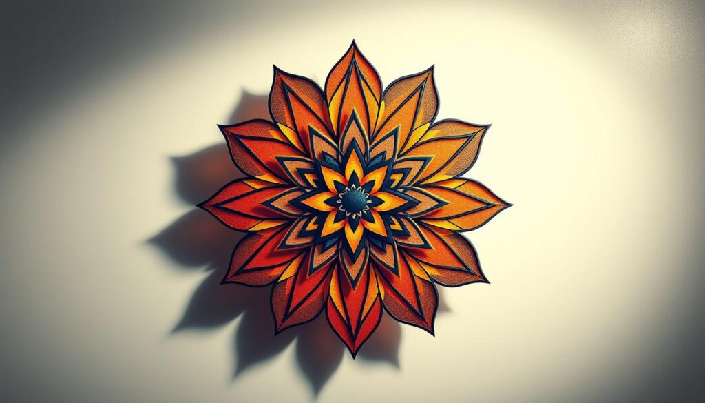 A vibrant abstract geometric flower tattoo design featuring intricate patterns and bold, angular shapes. The foreground showcases a mesmerizing floral motif with sharp, intersecting lines and triangular petals in a spectrum of warm, earthy tones. The middle ground presents a subtle, shimmering background with a soft, hazy gradient that enhances the dimensional quality of the design. Lighting is dramatic, casting dramatic shadows and highlights to accentuate the geometric structure. The overall composition is visually striking, evoking a sense of modern, minimalist elegance perfect for a stylized flower tattoo.