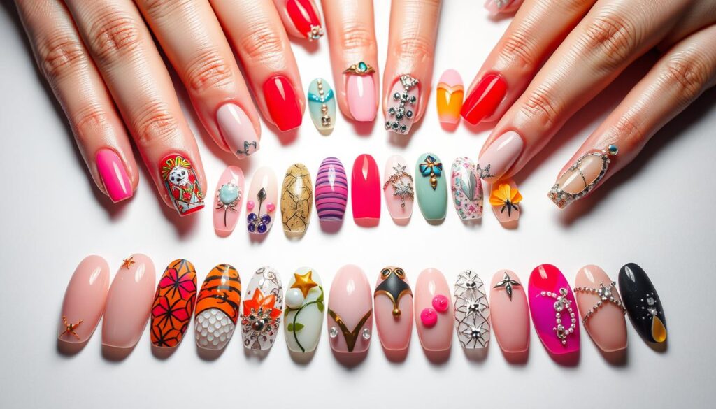 A vibrant and intricate nail art display, showcasing a diverse array of contemporary designs on a clean white background. The nails feature an array of bold colors, striking patterns, and delicate embellishments, capturing the latest trends in customizable self-expression. Soft, diffused lighting highlights the glossy, well-manicured surfaces, creating a sophisticated and alluring atmosphere. The image presents a visually compelling and inspirational collection of nail art ideas, inviting the viewer to explore the creative possibilities of personalized nail styling. A vibrant and intricate nail art display, showcasing a diverse array of contemporary designs on a clean white background. The nails feature an array of bold colors, striking patterns, and delicate embellishments, capturing the latest trends in customizable self-expression. Soft, diffused lighting highlights the glossy, well-manicured surfaces, creating a sophisticated and alluring atmosphere. The image presents a visually compelling and inspirational collection of nail art ideas, inviting the viewer to explore the creative possibilities of personalized nail styling.