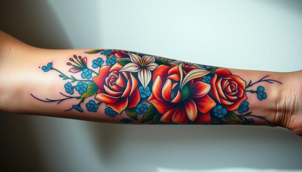 A vibrant and intricate sleeve tattoo design featuring a bold, flourishing bouquet of colorful flowers. The tattoo wraps around the forearm, showcasing delicate petals of red roses, white lilies, and blue forget-me-nots. The floral elements are complemented by sweeping, organic linework that creates a sense of movement and fluidity. The tattoo is captured in a close-up, high-contrast shot, highlighting the fine details and depth of the design. The lighting is soft and diffused, casting subtle shadows that accentuate the tattoo's three-dimensional quality. The overall mood is one of natural beauty, elegance, and artistic expression.