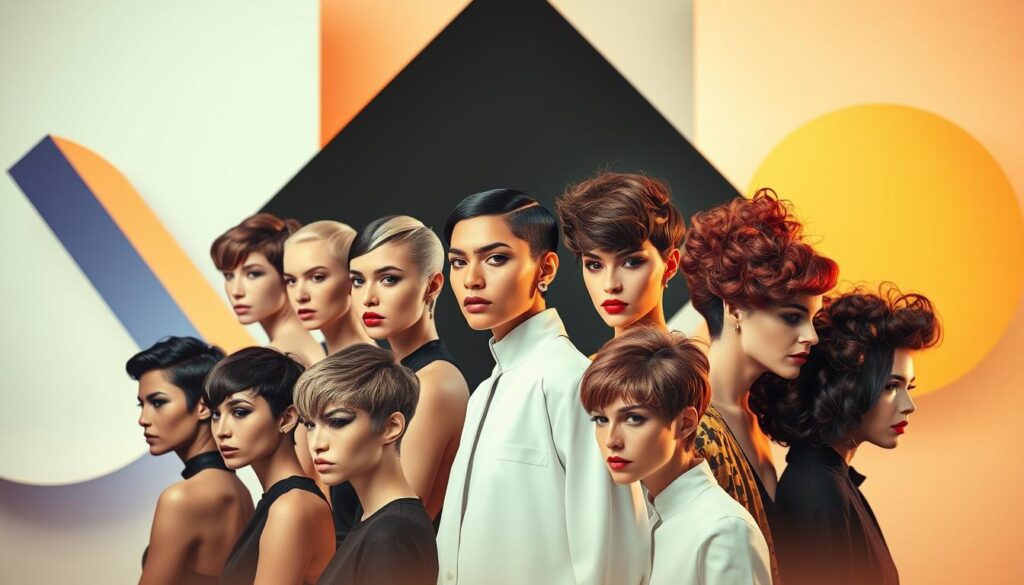 A vibrant and stylish collection of bold hairstyles for women, captured in a dynamic and fashion-forward composition. In the foreground, a diverse array of models showcase dramatic, eye-catching cuts and colors, ranging from sleek pixie crops to voluminous, textured updos. The middle ground features a mix of sophisticated, geometric shapes and fluid, organic forms, creating a visually striking balance. The background is softly blurred, allowing the focus to remain on the striking hairstyles, which are illuminated by a warm, studio-like lighting setup, accentuating their depth and dimension. The overall mood is bold, confident, and oozing with modern style.