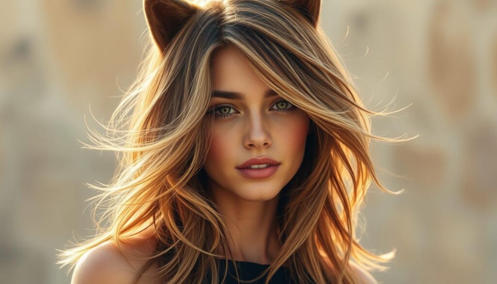 A vibrant and visually compelling image of a "wolf cut" hairstyle showcasing various lengths, set against a softly blurred, ethereal background. The subject's hair flows in dynamic layers, with strands of different lengths framing the face and cascading down the shoulders. Warm, natural lighting accentuates the texture and movement of the hairstyle, creating a sense of effortless style and sophistication. The overall composition and color palette evoke a mood of modern elegance and subtle glamour, perfectly capturing the essence of the "wolf cut" trend and its versatility across different hair lengths.