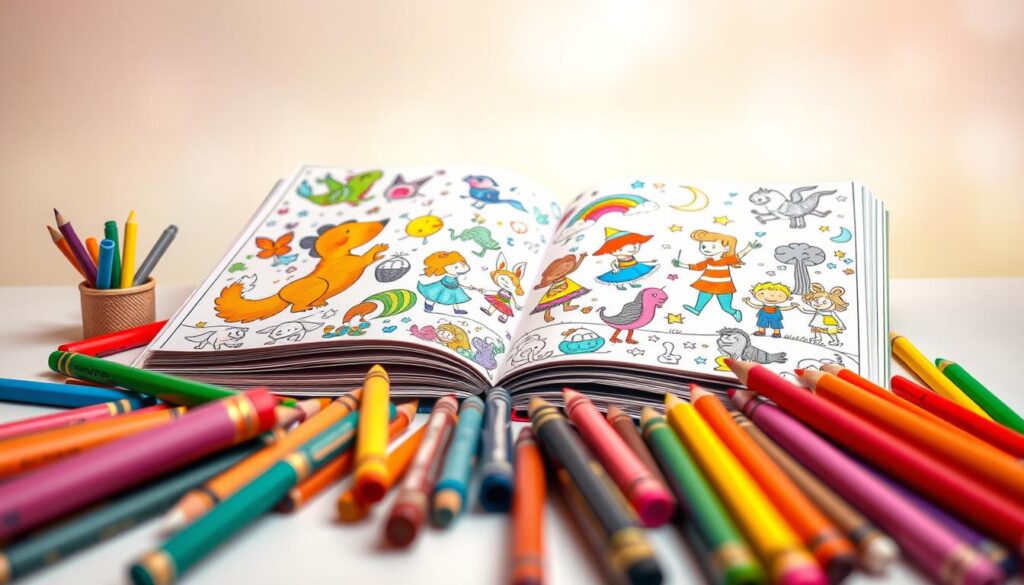 A vibrant and whimsical children's coloring book with thick, textured pages and bold, playful illustrations. In the foreground, a variety of colorful crayons, colored pencils, and markers lie scattered, ready for young artists to bring the pages to life. The middle ground features an open coloring book with a delightful scene of dancing animals, fantastical creatures, and cheerful characters. The background has a soft, pastel-hued gradient, evoking a sense of creativity and imagination. The lighting is warm and inviting, creating a cozy, artistic atmosphere. Captured with a wide-angle lens to showcase the full spread of the coloring book, this image perfectly encapsulates the joy and wonder of creating art through a children's coloring book.