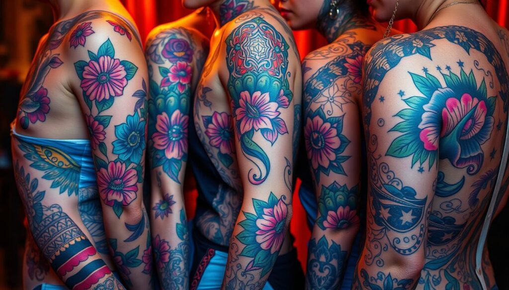 A vibrant array of colorful tattoo designs, meticulously crafted against a backdrop of warm, soft lighting. Intricate patterns and bold hues dance across the canvas of skin, showcasing the rising popularity of this artistic medium. Detailed floral motifs, abstract swirls, and geometric shapes intertwine to create a mesmerizing display of self-expression. The tattoos are captured from multiple angles, highlighting the depth and dimension of the ink work. The overall atmosphere exudes a sense of creativity, individuality, and the celebration of personal style. The image conveys the allure of these stunning, one-of-a-kind tattoos that are captivating the imagination of people worldwide.