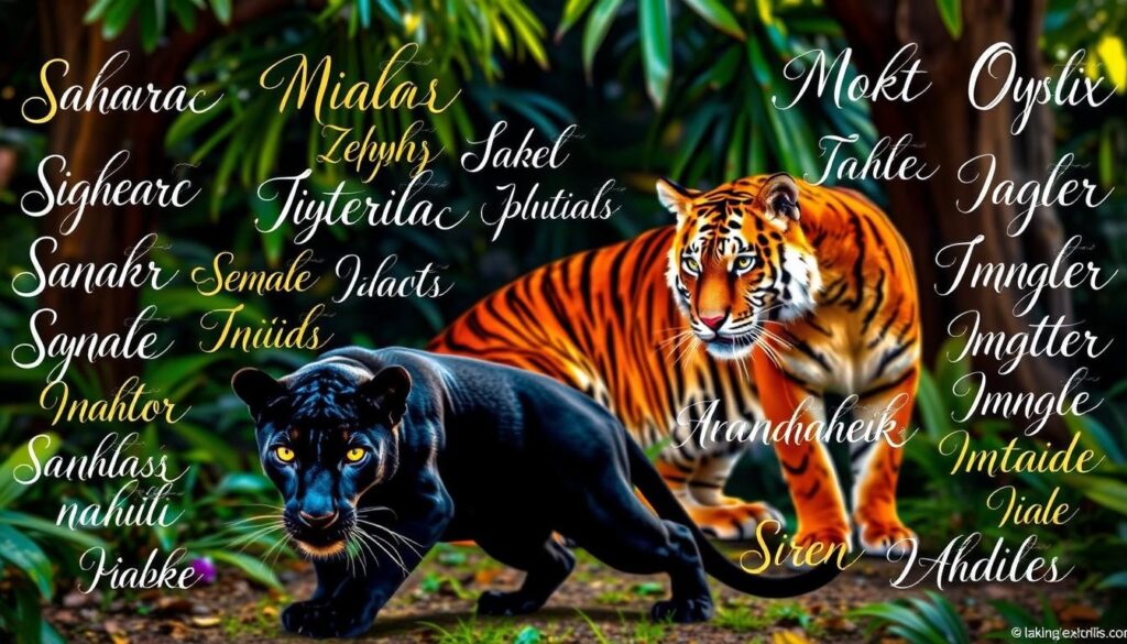 A vibrant array of exotic cat names, each one a unique and captivating jewel. In the foreground, a sleek black panther prowls, its golden eyes piercing the viewer. Surrounding it, a tapestry of names unfurls in elegant calligraphy: Sahara, Midas, Zephyr, Sable, Opal. In the middle ground, a regal Bengal tiger crouches, its stripes illuminated by warm, diffused lighting. Cascading across the frame, more feline monikers dance: Namid, Onyx, Siren, Indigo. The background reveals a lush, verdant jungle canopy, hinting at the global diversity of these captivating creatures and their equally compelling names.