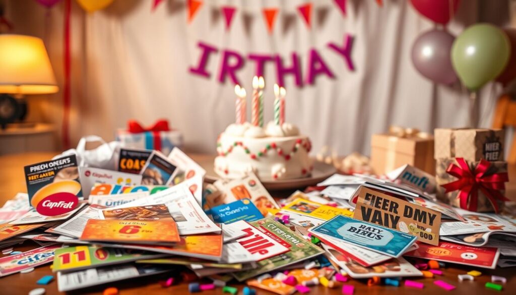 A vibrant array of popular birthday freebies in the U.S., captured in a delightful still life. In the foreground, an assortment of gift cards, coupons, and discount vouchers for meals, treats, and experiences spill across a festive table. In the middle ground, a birthday cake with candles and a wrapped present sit amid a scattering of confetti. The background features a warm, softly lit scene with a festive banner and balloons, evoking a celebratory atmosphere. Lighting is natural and diffused, creating a sense of warmth and joy. The overall composition emphasizes the diverse array of birthday freebies available to U.S. consumers.