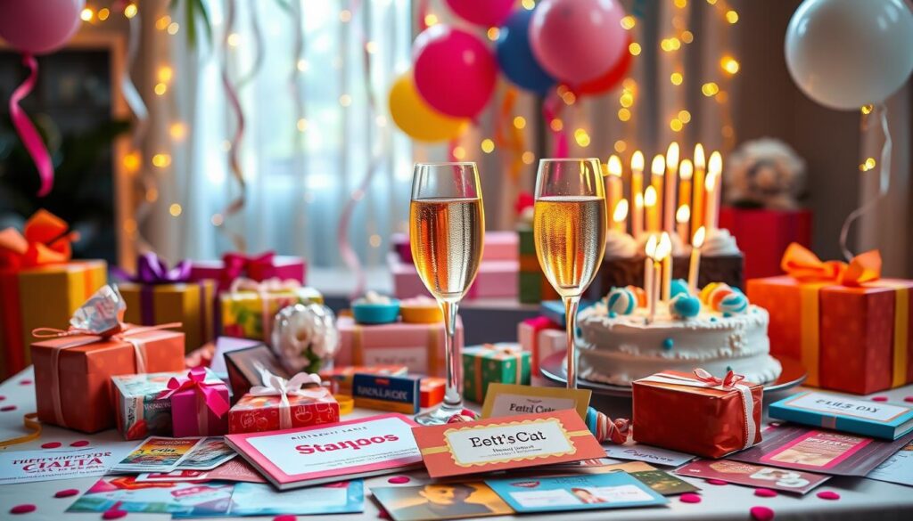 A vibrant birthday celebration scene with an array of colorful gifts, treats, and party favors scattered across a festive tabletop. In the foreground, an assortment of birthday freebies including complimentary coupons, discount cards, and free samples from local businesses. The middle ground features an elegant glass of champagne and a birthday cake adorned with candles, creating a warm, inviting atmosphere. In the background, a hint of a celebration-themed backdrop with streamers, balloons, and twinkling fairy lights, all illuminated by soft, natural lighting that casts a celebratory glow over the entire scene.