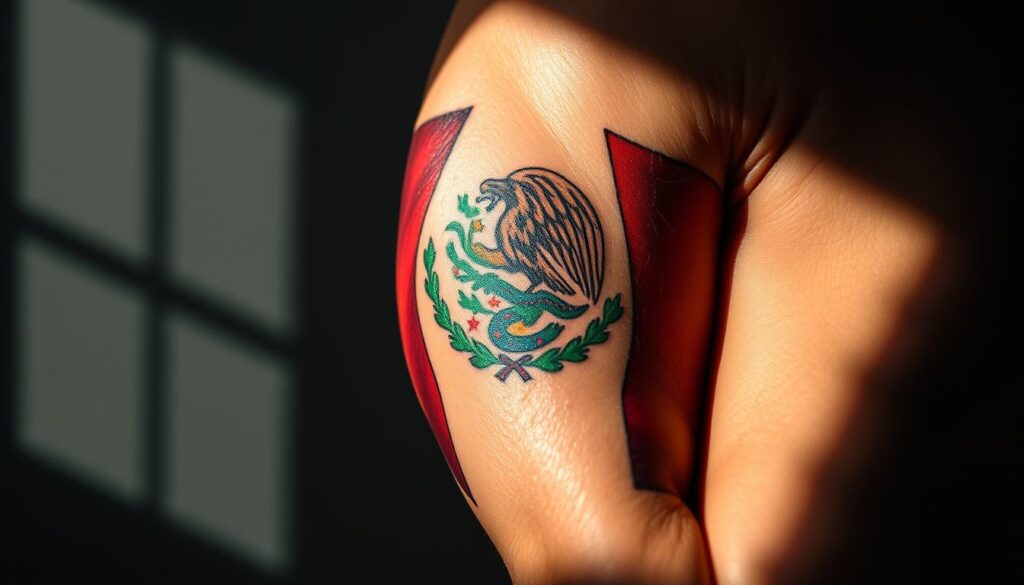 A vibrant, bold Mexican flag design tattooed on a muscular forearm. The central eagle and serpent emblem is rendered in intricate detail, its feathers and scales captured with photorealistic precision. The red, white, and green bands of the flag flow gracefully across the skin, as if painted with a delicate brush. The lighting casts dramatic shadows, emphasizing the patriotic symbolism and revolutionary spirit of this powerful tattoo. The image is shot from a low angle, highlighting the imposing presence of the design on the arm. The overall mood is one of pride, strength, and unwavering national identity.