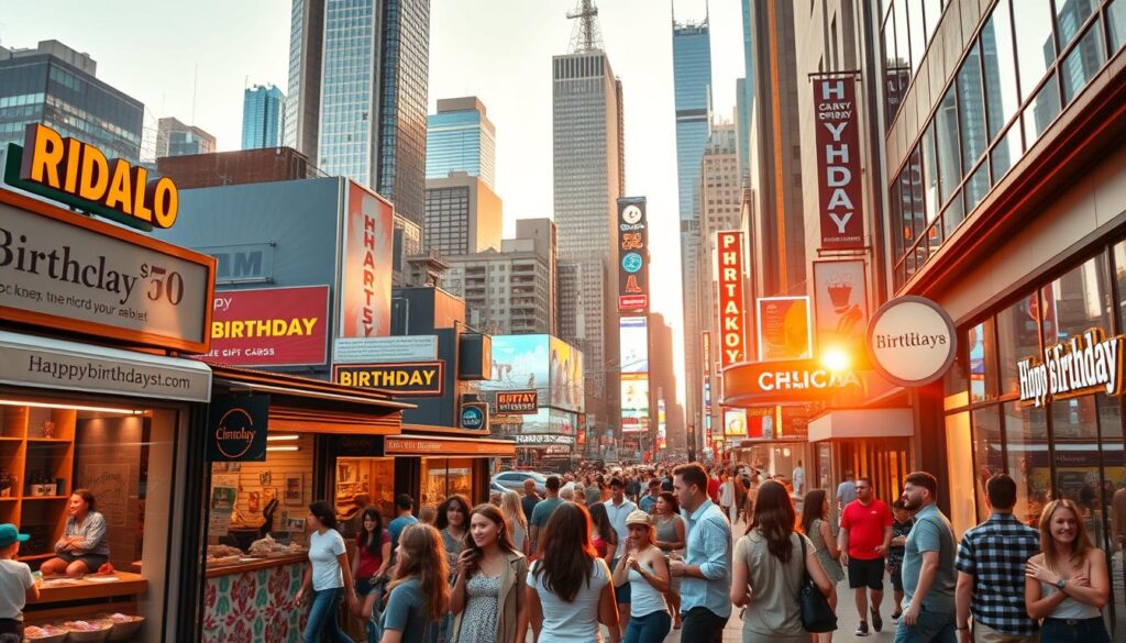 A vibrant cityscape at golden hour, with the bustling streets and storefronts of a lively urban center. In the foreground, a diverse array of birthday-themed freebies and deals are prominently displayed in the windows of local shops and restaurants - cupcakes, gift cards, discounts, and more. The middle ground features people of all ages enjoying these birthday perks, smiling and conversing animatedly. In the background, skyscrapers and neon signs create a dynamic, energetic atmosphere, conveying the excitement and abundance of birthday celebrations in the city. Soft, warm lighting casts a celebratory glow over the entire scene, inviting the viewer to explore and discover the many birthday freebies available.