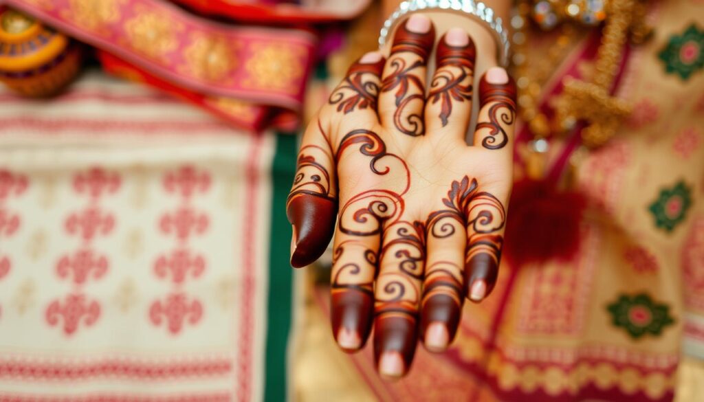 A vibrant close-up of a henna-decorated hand, with intricate swirling patterns in warm earth tones dancing across the skin. The palm and fingers are the focal point, captured in soft, even lighting that accentuates the tactile quality of the henna art. In the background, blurred but hinting at a cultural context, traditional fabrics, jewelry, and other decorative elements create a sense of place, evoking the rich heritage of this ancient body art tradition. The overall mood is one of intimacy, beauty, and reverence for this timeless form of self-expression. A vibrant close-up of a henna-decorated hand, with intricate swirling patterns in warm earth tones dancing across the skin. The palm and fingers are the focal point, captured in soft, even lighting that accentuates the tactile quality of the henna art. In the background, blurred but hinting at a cultural context, traditional fabrics, jewelry, and other decorative elements create a sense of place, evoking the rich heritage of this ancient body art tradition. The overall mood is one of intimacy, beauty, and reverence for this timeless form of self-expression.