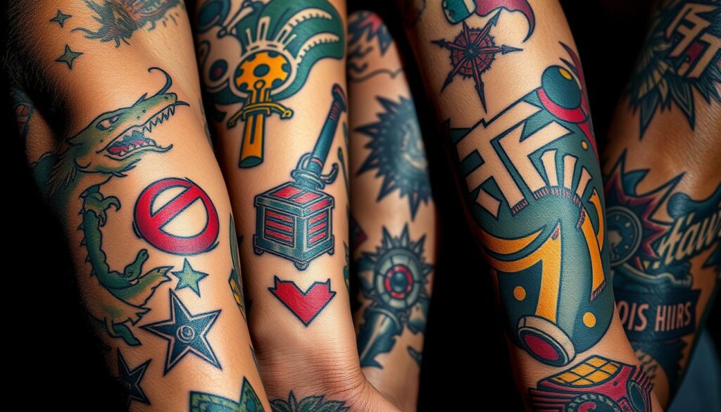 A vibrant close-up of various anime-inspired tattoos adorning a person's arms and hands. The tattoos feature bold, colorful designs of iconic anime characters, symbols, and motifs such as dragons, swords, and futuristic machinery. The skin has a realistic, lifelike texture, with the tattoos appearing freshly inked and saturated. Dramatic, directional lighting casts dramatic shadows, emphasizing the intricate linework and shading. The composition is tightly framed, filling the frame with the detailed tattoo artwork, conveying the growing popularity and enthusiasm for this unique body art trend among anime fans.