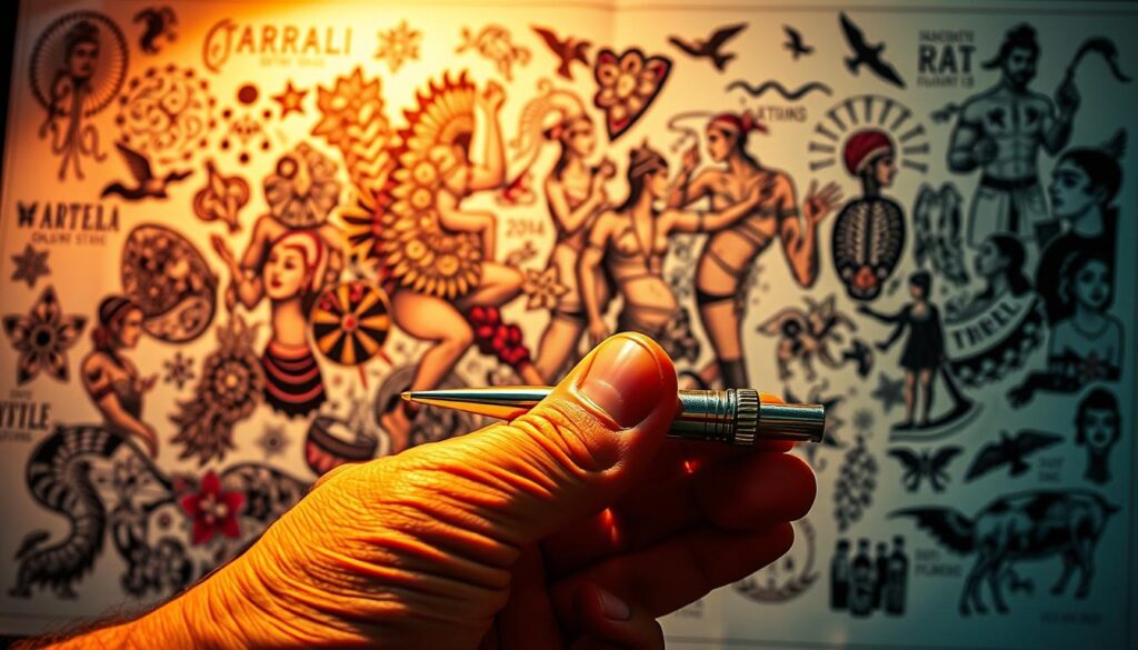 A vibrant collage depicting the cultural evolution of tattoos. In the foreground, a hand grips a tattooing tool, the needle glinting under warm studio lighting. In the middle ground, a diverse array of intricate tattoo designs unfold, from ancient tribal motifs to modern minimalist patterns. In the background, a kaleidoscope of imagery showcases the global spread of tattooing, from Polynesian islanders to urban subcultures. The scene conveys a sense of tradition, innovation, and the enduring human desire for self-expression through the art of ink on skin.