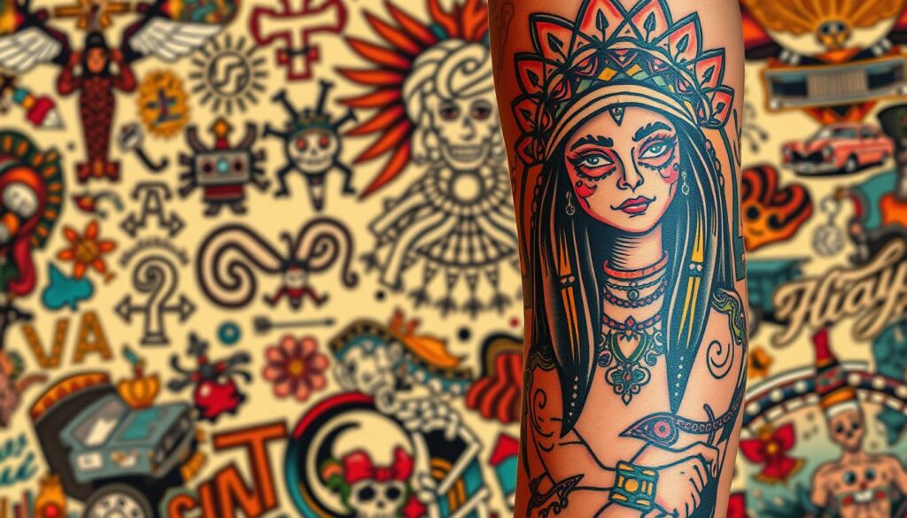A vibrant collage of Chicano tattoo artwork, showcasing intricate designs rooted in Mexican-American culture. In the foreground, a detailed tattoo depicts a striking La Catrina figure, her delicate features and ornate headpiece rendered with precision. In the middle ground, stylized Aztec symbols and patterns swirl, evoking the rich heritage and symbolism of the Chicano aesthetic. The background is filled with a mosaic of other iconic Chicano tattoo motifs, such as lowrider cars, religious iconography, and bold, expressive lettering. The scene is illuminated by warm, dramatic lighting, capturing the depth and artistry of this distinctive tattoo tradition.