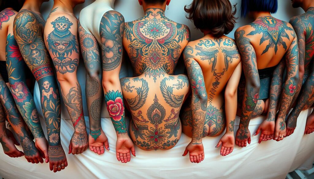 A vibrant collage of colorful tattoo designs, featuring a range of styles and motifs. The foreground showcases a variety of bold, intricate tattoos covering arms, torsos, and backs, with intricate patterns, geometric shapes, and vibrant hues of blues, reds, greens, and purples. The middle ground displays a diversity of tattoo placement, from delicate wrist pieces to expansive back pieces, capturing the artistic and expressive nature of these body adornments. In the background, a softly lit, ethereal setting creates a dreamlike atmosphere, emphasizing the personal and transformative qualities of these colorful tattoos. Captured with a wide-angle lens and natural lighting, this image conveys the beauty, creativity, and individuality embodied in the world of colorful body art.