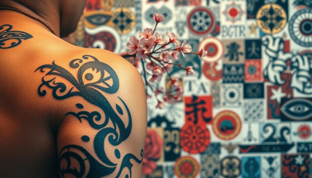 A vibrant collage of sociocultural tattoo influences, captured in a dynamic composition. In the foreground, an intricate tribal design winds its way across a tanned, muscular arm, reflecting ancient heritage. In the middle ground, a delicate cherry blossom branch cascades, symbolizing the ephemeral beauty of Japanese culture. In the background, a patchwork of diverse iconography - ranging from Celtic knots to Maori motifs - creates a tapestry of global artistic exchange. Soft, warm lighting imbues the scene with a sense of reverence, while a shallow depth of field isolates the central elements, drawing the viewer's gaze inward. This image evokes the powerful role that sociocultural dynamics and peer influence play in the deeply personal choice to adorn one's body with meaningful, expressive ink.
