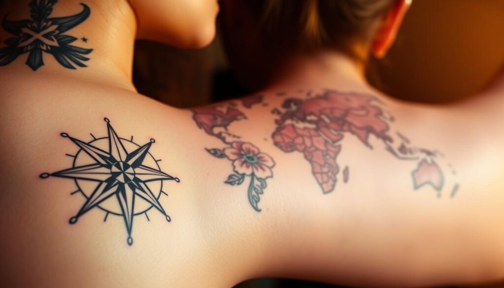 A vibrant collage of unique travel-inspired tattoo designs, captured in a dynamic and expressive composition. In the foreground, intricate line-work depicts a compass rose, symbolizing the spirit of adventure and exploration. In the middle ground, a delicate floral motif blends seamlessly with a detailed world map, representing the interconnectedness of cultures and destinations. The background features a subtle gradient, evoking the tranquil, yet adventurous atmosphere of the open road. Lit by warm, directional lighting, the image conveys a sense of wanderlust and personal growth through the art of body ink.