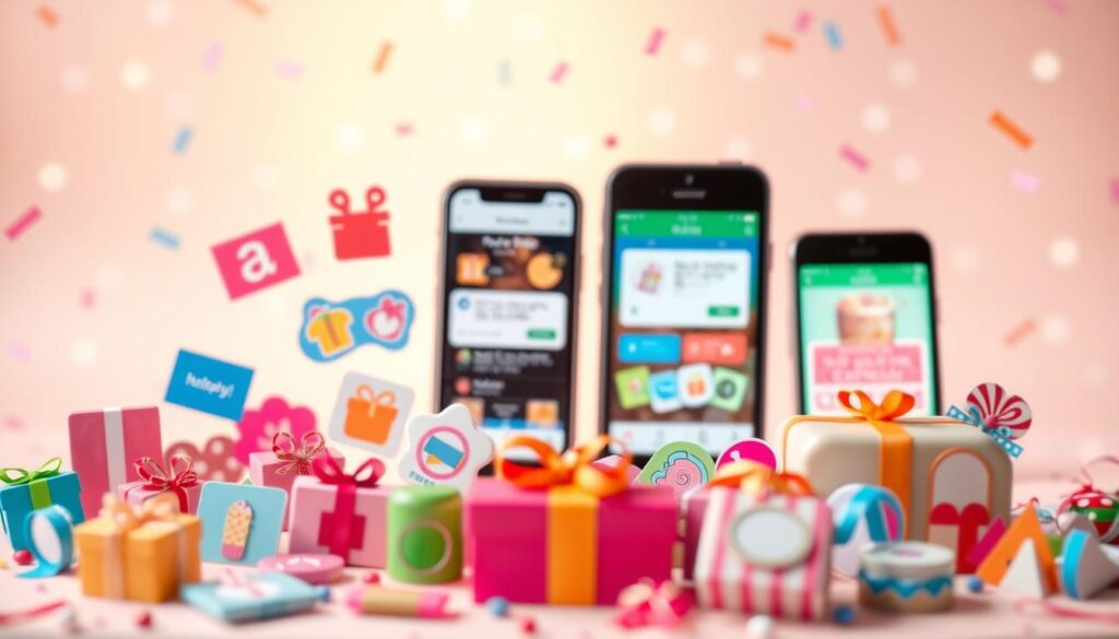 A vibrant collection of birthday offer icons arranged against a soft, pastel-colored background. The foreground features an assortment of digital gift card symbols, discounts, and complimentary items typically offered by apps and services on one's birthday. The middle ground showcases mobile device screens displaying various birthday-themed notifications and in-app promotions. The background has a subtle, blurred pattern resembling confetti or party streamers, creating a celebratory atmosphere. The lighting is warm and gentle, with a hint of a radiant glow emanating from the digital elements. The overall composition conveys the idea of easily accessible, personalized birthday freebies available through mobile apps.