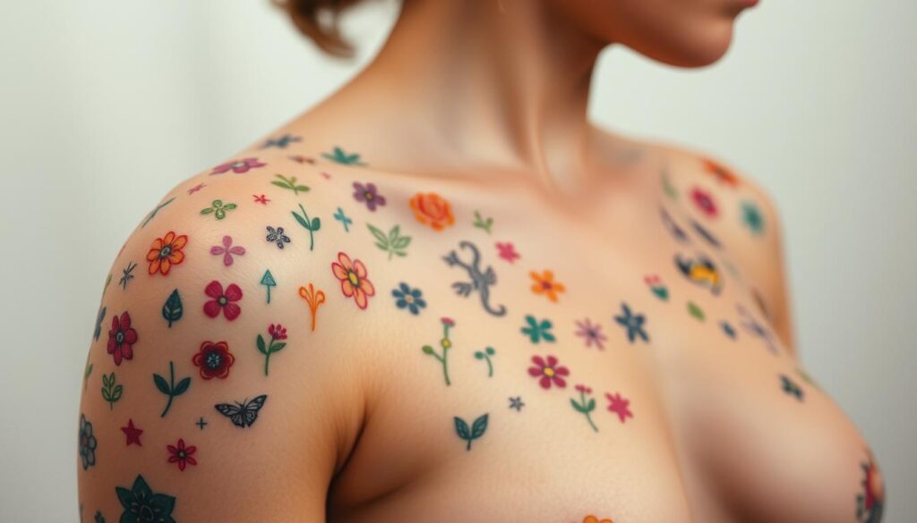 A vibrant collection of small, colorful tattoos adorning a female figure. In the foreground, intricate designs in a spectrum of hues - delicate flowers, abstract patterns, and playful symbols - dance across the skin. The middle ground showcases a mix of bold, saturated shades and softer, pastel tones, creating a visually striking and harmonious composition. The background is hazy and out of focus, allowing the tattoos to take center stage. The lighting is soft and diffused, highlighting the depth and texture of the ink. Captured at a slight angle, the image conveys a sense of intimate, personal expression through body art.