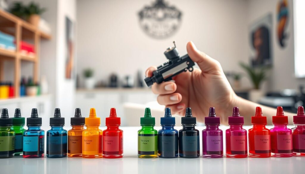A vibrant collection of tattoo color palettes, showcasing a diverse array of hues and shades. In the foreground, an array of ink bottles in a range of vivid tones, including bold reds, deep blues, lush greens, and rich purples, arranged artfully on a clean, minimalist surface. In the middle ground, a hand holding a tattoo machine, its needle poised, ready to bring these colors to life on the skin. The background features a softly blurred tattoo studio setting, with clean white walls and a hint of natural light filtering in, creating a serene and professional atmosphere. The overall mood is one of creativity, inspiration, and the endless possibilities of tattoo artistry.