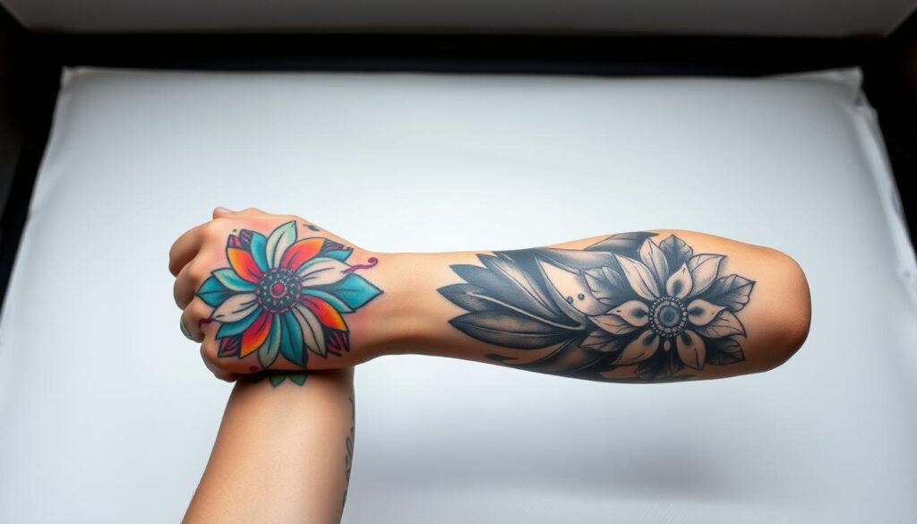 A vibrant color tattoo on one arm, its bold hues and intricate designs contrasting against the monochrome shades of a black and gray tattoo on the other arm. Both tattooed forearms are presented in a clean, well-lit studio setting, accentuating the distinct styles and showcasing the striking visual differences between the two. The color tattoo radiates warmth and energy, while the black and gray piece exudes a more muted, refined aesthetic. The lighting is soft and diffused, creating a balanced, professional atmosphere to highlight the unique qualities of each tattoo approach.