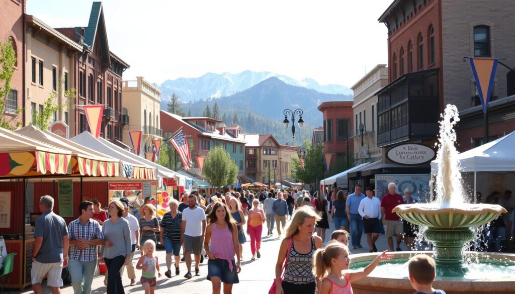 A vibrant community event in the heart of Ketchum, Idaho. The sun casts a warm glow over a bustling town square, where locals and visitors gather to celebrate local culture. In the foreground, colorful booths showcase artisanal crafts, fresh produce, and live music performances. Families stroll through the lively crowd, children laughing as they play in a nearby fountain. The middle ground features historic buildings adorned with festive banners, their architecture a testament to Ketchum's rich heritage. In the background, the majestic Sawtooth Mountains rise, their snow-capped peaks framing the scene. An atmosphere of community pride and shared joy permeates the air, capturing the essence of Ketchum's role in fostering social and economic development.