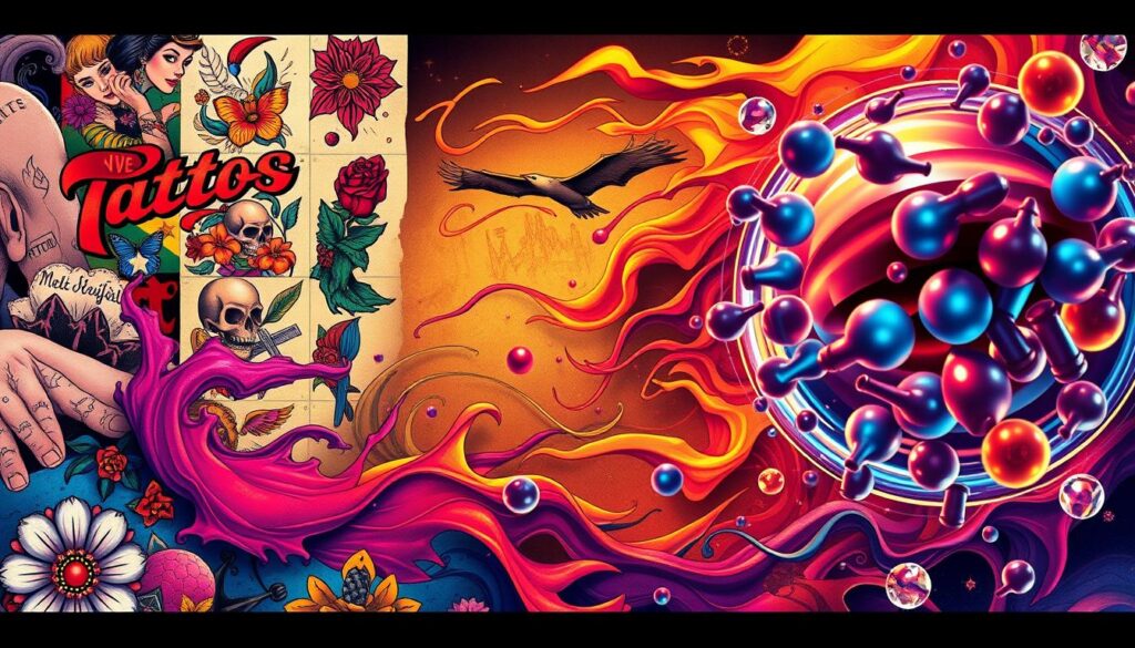 A vibrant, detailed illustration showcasing the evolution of tattoo ink over the decades. In the foreground, a collage of vintage tattoo designs from the 80s and 90s, rendered in rich, bold colors. In the middle ground, an array of modern tattoo pigments in diverse hues, flowing and blending seamlessly. In the background, a sophisticated, scientific-looking microscopic view of tattoo ink particles, revealing their intricate structures and transformations over time. The scene is bathed in a warm, nostalgic glow, capturing the timeless allure and progression of this artistic medium. Crisp, high-resolution, photorealistic style.