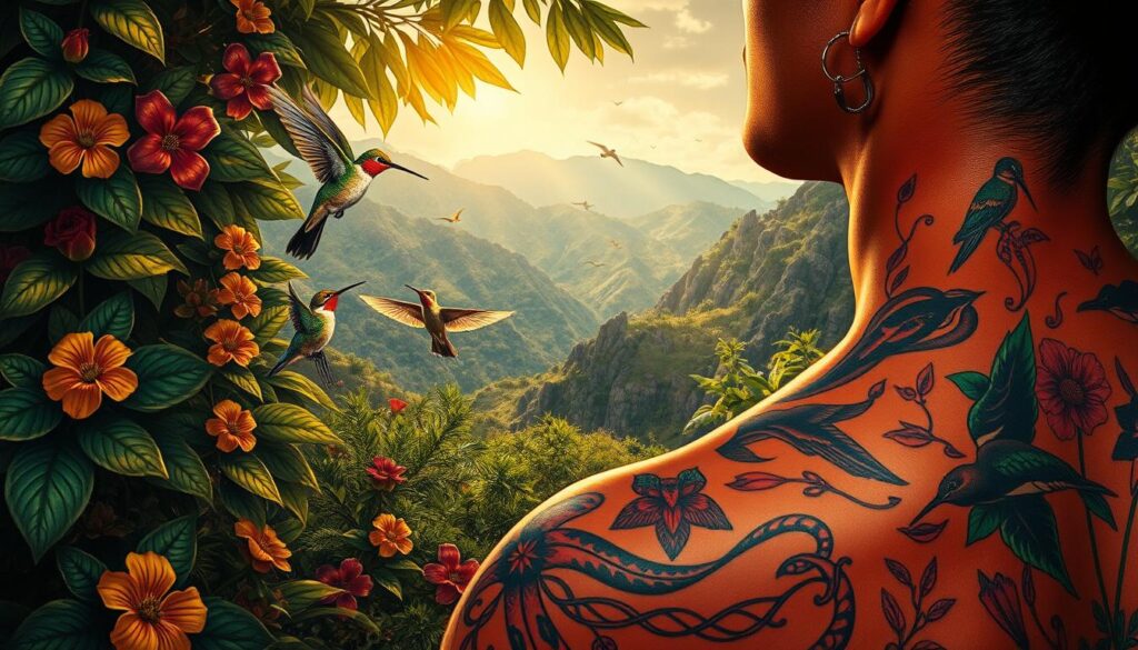 A vibrant, detailed scene of Mexican wildlife and nature-inspired tattoos. In the foreground, intricately inked designs of colorful birds, tropical flowers, and serpents wind across tanned skin. The middle ground showcases delicate hummingbirds hovering near lush, verdant foliage, with shafts of warm, golden light filtering through. In the background, a rugged, mountainous landscape emerges, hinting at the rich cultural heritage and natural beauty of Mexico. The overall composition captures the harmony between the human form and the enchanting, primal essence of the Mexican wilderness, creating a visually striking and spiritually resonant image.