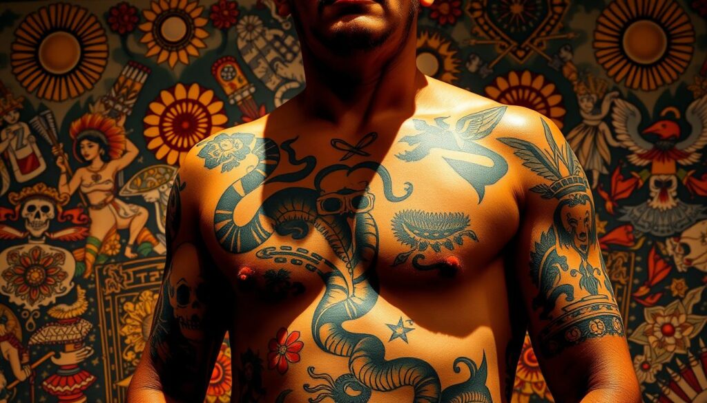 A vibrant display of Mexican tattoo artistry, showcasing intricate designs inspired by Aztec, Mayan, and colonial influences. The foreground features an array of iconic motifs - serpents, skulls, flowers, and mythical creatures - expertly inked in bold, saturated colors. The middle ground captures the texture and detail of the skin canvas, accentuated by dramatic chiaroscuro lighting that casts dramatic shadows. In the background, a mural-like backdrop of traditional Mexican imagery, such as stylized suns, geometric patterns, and celestial elements, creates a rich, immersive context. The overall composition conveys the deep cultural significance and artistic mastery of this unique tattoo tradition.