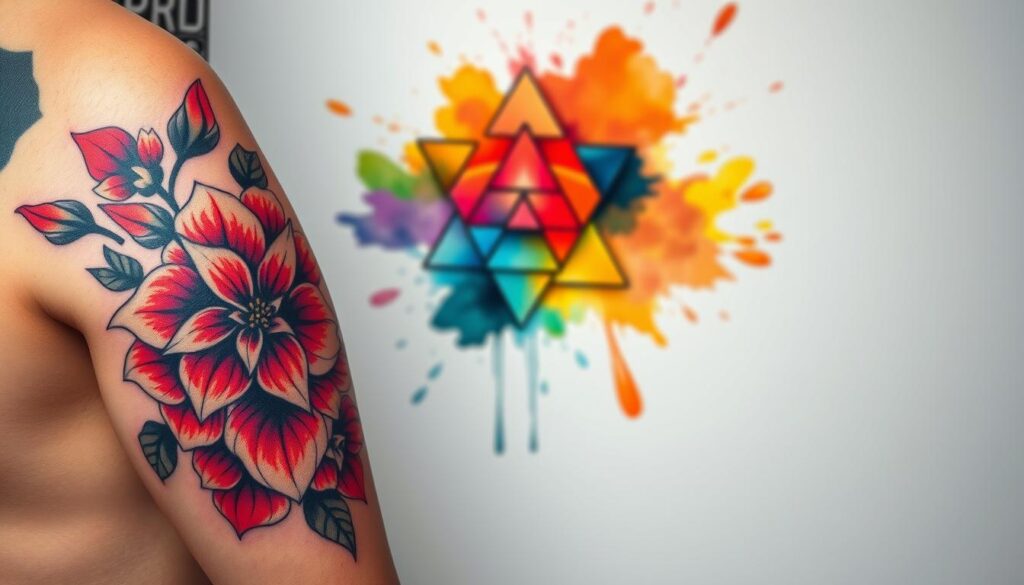 A vibrant display of diverse color tattoo styles, showcased against a minimalist white backdrop. In the foreground, an intricate floral design blooms with bold hues, its petals cascading across the skin. In the middle ground, a geometric pattern of overlapping triangles and parallelograms pulses with a spectrum of saturated tones. In the background, a watercolor-like splash of vivid gradients creates a sense of depth and movement. The lighting is soft and diffused, accentuating the depth and vibrancy of the colors. The camera angle is slightly elevated, offering a clean and compelling perspective on this curated collection of contemporary color tattoo artistry.