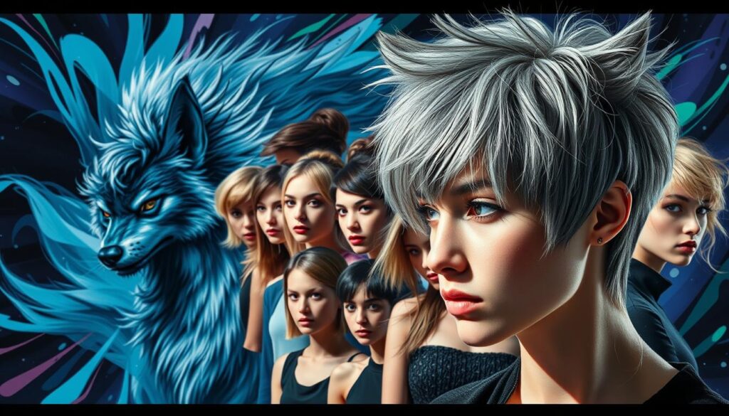 A vibrant, dynamic collage of creative wolf cut hairstyles. In the foreground, a stylized wolf-like character with a textured, layered haircut in shades of gray, with hints of silver and white. In the middle ground, a collection of models showcasing various interpretations of the wolf cut - some with bold, asymmetric bangs, others with wispy, feathered layers cascading around the face. The background is a swirl of energetic, abstract shapes and patterns in a palette of cool blues, purples, and greens, evoking a sense of movement and artistic expression. Dramatic, high-contrast lighting casts dramatic shadows, adding depth and dimension to the scene. Captured with a wide-angle lens to emphasize the overall composition and creative spirit of the "wolf cut" hairstyle variations.