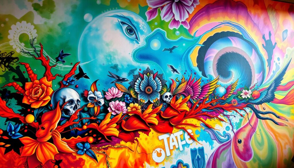 A vibrant, evolving collage showcasing the progression of color in tattoo art. In the foreground, bold, saturated hues bleed into a miasma of vivid pigments, capturing the raw energy and expressiveness of modern color tattoos. The middle ground features a kaleidoscope of stylized tattoo designs, from delicate watercolor washes to striking neon gradients, representing the diverse techniques and aesthetics that have emerged over time. In the background, a swirling vortex of muted shades and faded outlines suggests the more muted, traditional color palettes of vintage tattoos, providing historical context to the evolution. Dramatic lighting casts dramatic shadows, lending depth and drama to the composition. Captured with a wide-angle lens to encompass the full scope of this artistic metamorphosis.