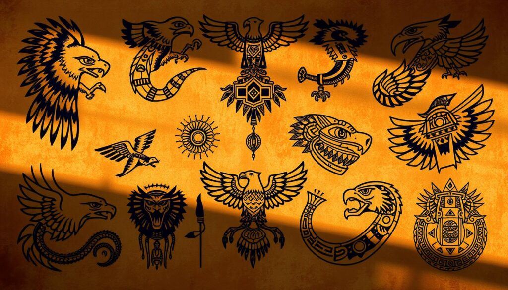 A vibrant, hand-drawn collection of traditional Aztec tattoo designs against a rich, earthy backdrop. Featuring intricate line work, bold geometric patterns, and symbolic animal motifs such as jaguars, eagles, and serpents. The designs are rendered with a vintage, artisanal aesthetic, evoking the ancient Mesoamerican culture. Soft, diffused lighting from the side casts dramatic shadows, highlighting the depth and texture of the tattoos. The overall composition has a balance of order and organic fluidity, inviting the viewer to closely study the elegant, meaningful artwork.