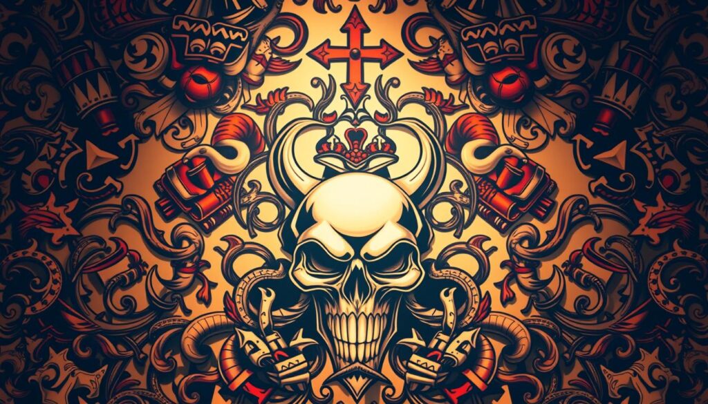 A vibrant, hyper-detailed Chicano tattoo art piece, showcasing a bold, intricate pattern of stylized, interlocking symbols and motifs. The foreground depicts a striking central focal point, such as a dramatic skull or mythical creature, surrounded by interlacing vines, tribal designs, and iconic Chicano imagery like lowrider cars, boxing gloves, or religious iconography. The middle ground features a dynamic, almost 3D-like composition, with the elements layered and overlapping to create depth and visual interest. The background is hazy and atmospheric, with a warm, sepia-toned palette that evokes the gritty, urban feel of Chicano culture. The lighting is moody and dramatic, casting dramatic shadows and highlights that accentuate the intricate, textured details of the tattoo art. Shot at a slight angle to capture the full scope and impact of the design.
