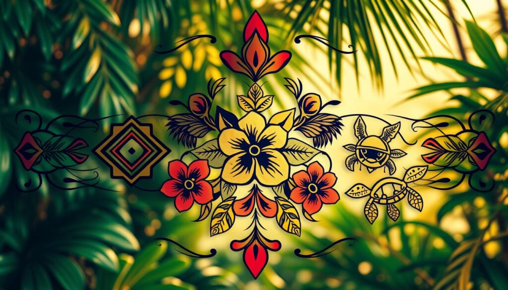 A vibrant, intricate Hawaiian tattoo design against a backdrop of lush, tropical foliage. In the foreground, bold geometric patterns and fluid, curving lines create a mesmerizing, symmetrical composition. The mid-ground features ornate, stylized representations of native flora and fauna, such as hibiscus flowers, palm fronds, and sea turtles, rendered in rich, saturated colors. The background evokes a sense of warmth and tranquility, with soft, diffused lighting casting a golden glow over the scene. The overall impression is one of cultural heritage, natural beauty, and artistic mastery.