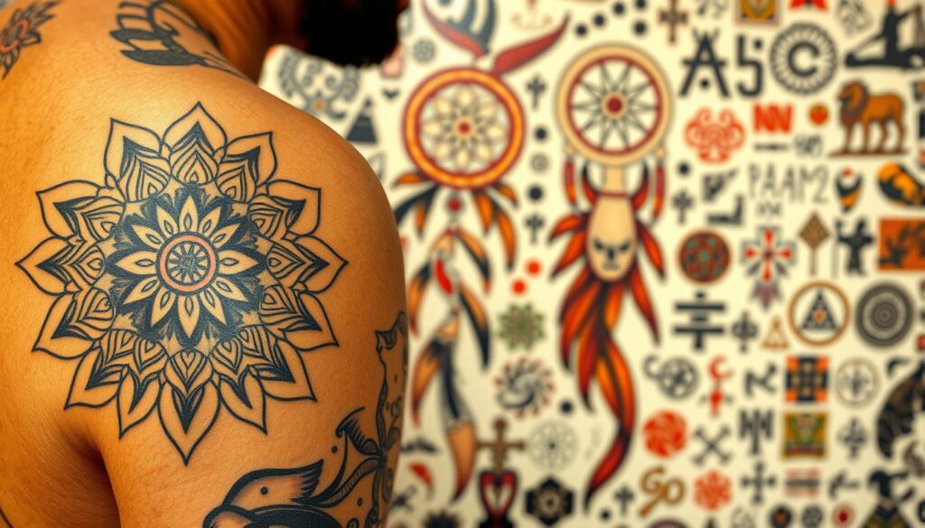 A vibrant, intricate collage of diverse tattoo traditions from around the world. In the foreground, a detailed hand-drawn mandala tattoo, its intricate geometric patterns and rich colors symbolic of Eastern spiritual practices. In the middle ground, a Maori-inspired tribal design, its bold lines and organic curves reflecting the cultural heritage of Polynesian peoples. In the background, a mosaic of smaller tattoos - a dreamcatcher from Native American traditions, an ancient Egyptian hieroglyph, a Celtic knot, and more - representing the global tapestry of tattooing customs. Soft, warm lighting illuminates the scene, creating a sense of timeless cultural unity. Captured with a wide-angle lens to showcase the breadth of these interconnected practices.