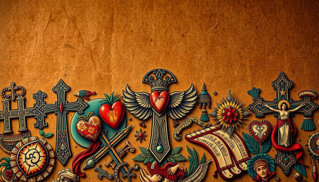 A vibrant, intricate composition depicting traditional Mexican religious tattoo designs. In the foreground, a detailed array of intertwining symbols and motifs - ornate crosses, sacred hearts, patron saints, and indigenous imagery. The middle ground features a richly textured, earthy background, with subtle hints of weathered stone or aged parchment. Soft, warm lighting casts a reverent, spiritual atmosphere, accentuating the tactile, handcrafted quality of the tattoo art. The overall scene conveys a sense of cultural heritage, devotion, and the powerful fusion of Catholic and pre-Columbian beliefs that characterize Mexican religious iconography.