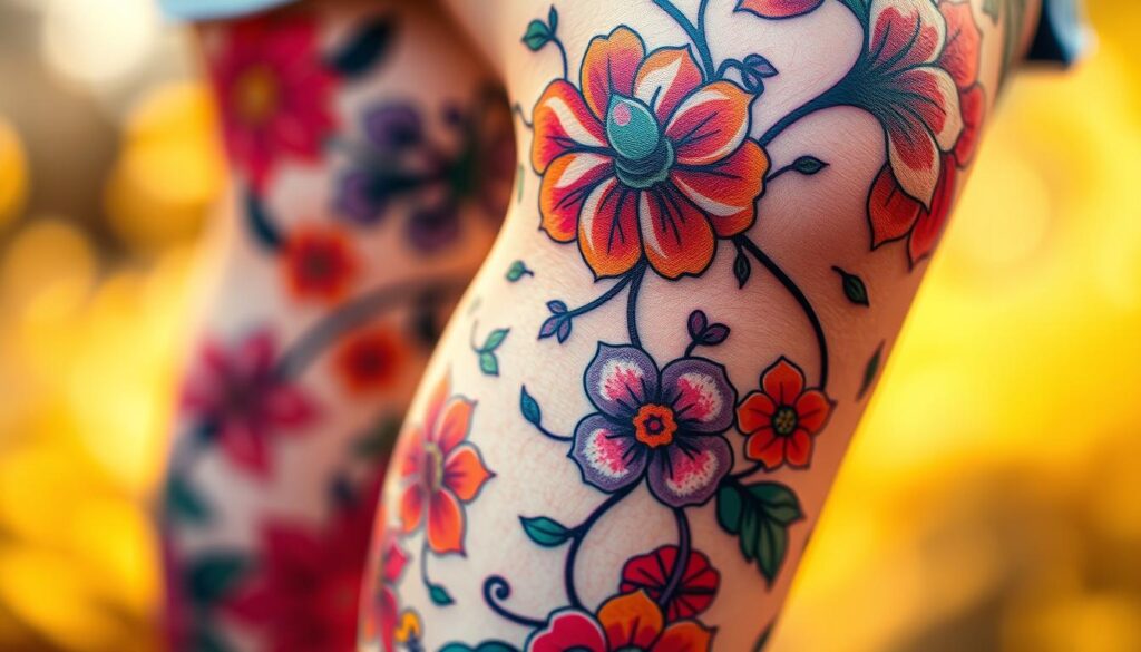 A vibrant knee tattoo with intricate, colorful floral designs cascading across the skin. The foreground features bold, saturated petals in a variety of hues, including deep reds, vivid purples, and bright oranges. The middle ground showcases delicate, wispy leaves and vines winding elegantly around the knee. In the background, a soft, blurred bokeh effect creates a dreamlike, ethereal atmosphere. The lighting is warm and natural, highlighting the textures and dimensions of the tattoo. Captured with a shallow depth of field and a close-up perspective to emphasize the details and artistry of this bold, feminine knee tattoo design.