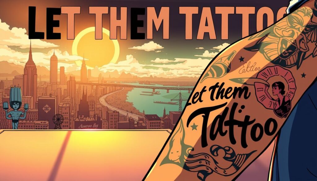A vibrant, multi-layered illustration depicting the powerful "Let Them Tattoo" message. In the foreground, a person's arm is adorned with a bold, intricate tattoo, conveying self-expression and individuality. The middle ground features a collection of diverse tattoo designs, each one unique and meaningful. In the background, a captivating cityscape or abstract landscape sets the stage, hinting at the broader social and cultural context of embracing personal freedom through body art. The scene is illuminated by warm, natural lighting, creating a sense of depth and atmosphere. The overall composition evokes a sense of empowerment, creativity, and the celebration of one's authentic self.
