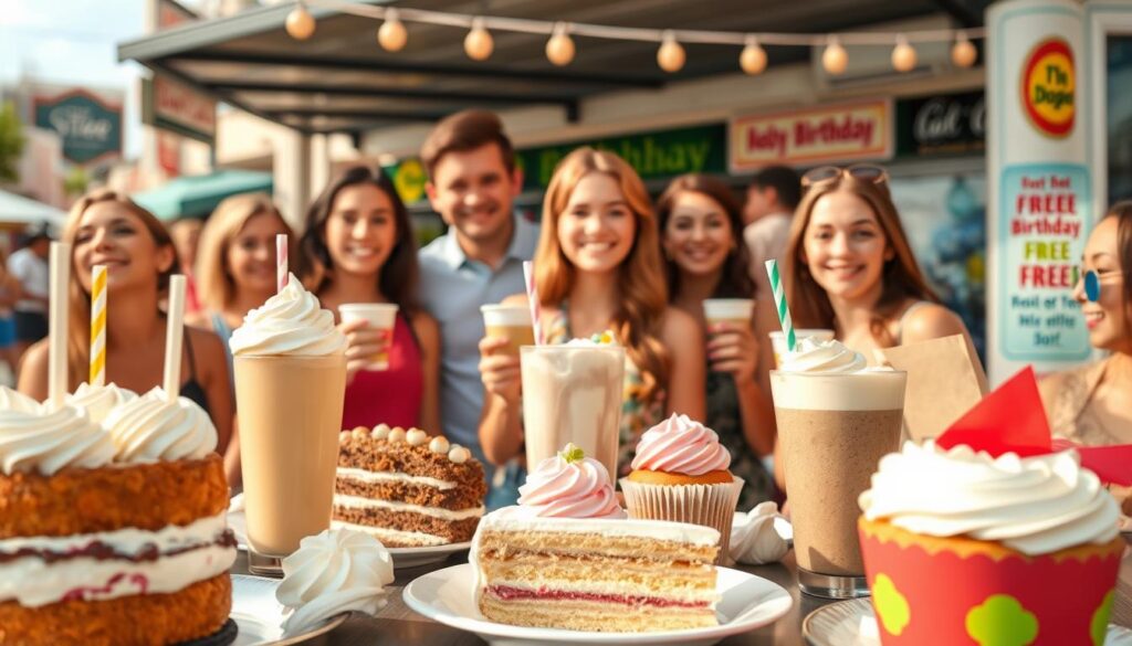 A vibrant outdoor scene on a sunny day, with a focal point showcasing a variety of free birthday deals and discounts. In the foreground, an array of delectable birthday treats and beverages are displayed, including free slices of cake, milkshakes, coffee, and other complimentary items. The middle ground features a group of people of diverse ages and backgrounds enjoying these free birthday offerings, their expressions radiating joy and celebration. In the background, a lively cityscape or bustling town square sets the scene, with colorful storefronts and signage hinting at the various birthday freebies available. The lighting is warm and inviting, with a soft, natural glow that enhances the overall festive atmosphere.