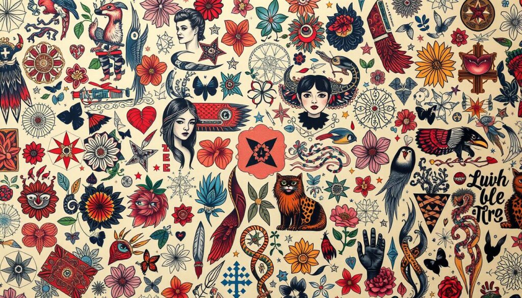 A vibrant patchwork of diverse tattoo designs, seamlessly woven together to create a visually captivating collage. In the foreground, an intricate array of geometric patterns, delicate floral motifs, and bold tribal elements intertwine, forming a harmonious tapestry. The middle ground showcases a mix of realistic portraits, abstract symbols, and whimsical illustrations, each adding its unique character to the overall composition. In the background, a soft, warm lighting casts a gentle glow, highlighting the depth and texture of the tattoos, creating a sense of depth and dimension. The overall atmosphere exudes a sense of individuality, creativity, and the celebration of personal expression through the art of mixed tattoo designs.