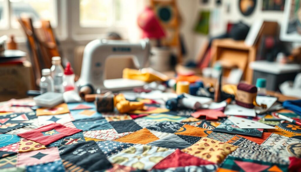 A vibrant patchwork sleeve design taking shape, with an array of colorful geometric shapes, patterns, and textures layered across the foreground. The middle ground features a variety of sewing tools, threads, and fabric scraps, creating a sense of the creative process. The background is softly blurred, conveying a warm, intimate studio setting with natural lighting casting a gentle glow. The overall composition evokes a tactile, handcrafted aesthetic, perfectly capturing the essence of starting a patchwork tattoo sleeve.