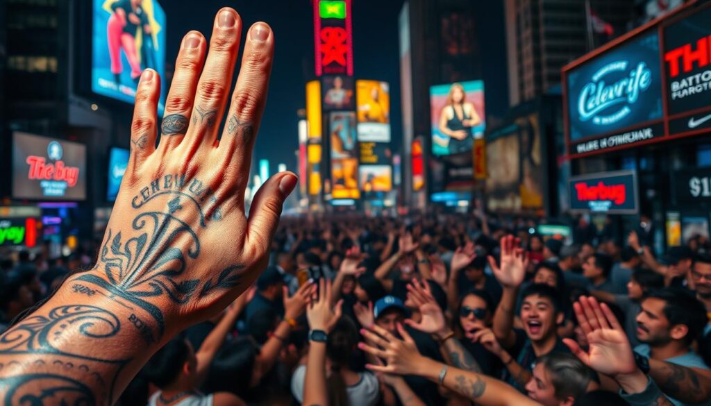 A vibrant scene depicting the cultural impact of celebrity tattoos. In the foreground, a close-up of a tattooed celebrity hand, the intricate ink patterns reflecting the camera's flash. In the middle ground, a crowd of admirers surrounding the celebrity, their own tattoos visible as they eagerly reach out. The background showcases a diverse urban landscape, neon signs and billboards highlighting the pervasive influence of celebrity culture and body art. The lighting is dramatic, with bold shadows and highlights emphasizing the tactile quality of the tattoos. The overall mood is one of excitement, fascination, and the undeniable power of celebrity to shape societal trends and personal expression.