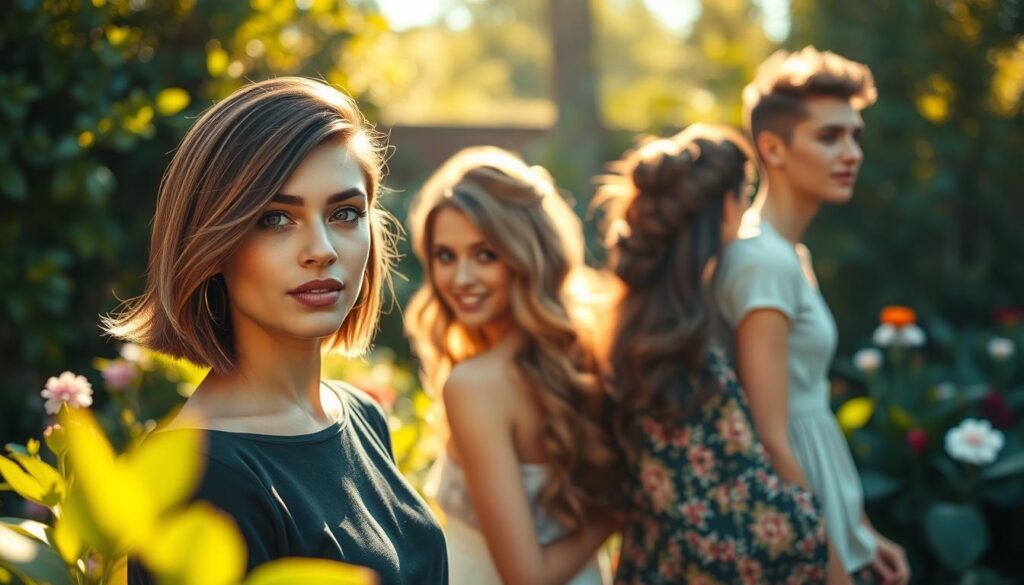 A vibrant scene of seasonal hairstyles, captured in a lush, sun-dappled garden. In the foreground, a model with a stylish, asymmetrical bob showcases a sleek, glossy look perfect for autumn. In the middle ground, a model with long, flowing curls sports a romantic, boho-inspired updo, ideal for spring. In the background, a model with a short, pixie-cut style exudes a playful, carefree vibe, perfect for summer. Soft, warm lighting bathes the scene, creating a serene, natural atmosphere. The models' expressions convey a sense of effortless confidence and joy, inviting the viewer to explore the diverse array of seasonal hair inspirations.