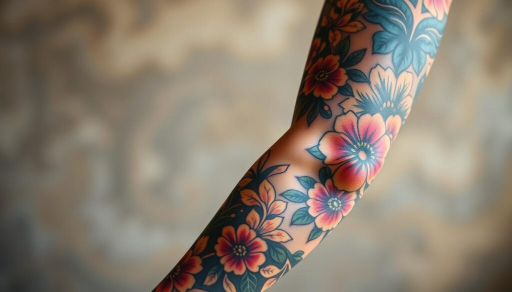 A vibrant sleeve tattoo against a muted background, showcasing a range of hues and techniques. In the foreground, intricate designs of colorful flowers, geometric patterns, and abstract elements seamlessly flow across the skin. The middle ground features shimmering highlights and shadows, capturing the depth and texture of the tattoo. In the background, a softly blurred, neutral-toned setting provides a calming contrast, allowing the vivid ink to take center stage. Warm, diffused lighting casts a natural glow, accentuating the vibrancy of the colors and the artist's skilled handiwork. The overall composition emphasizes the thoughtful color choices and artistic expression inherent in a well-executed sleeve tattoo.