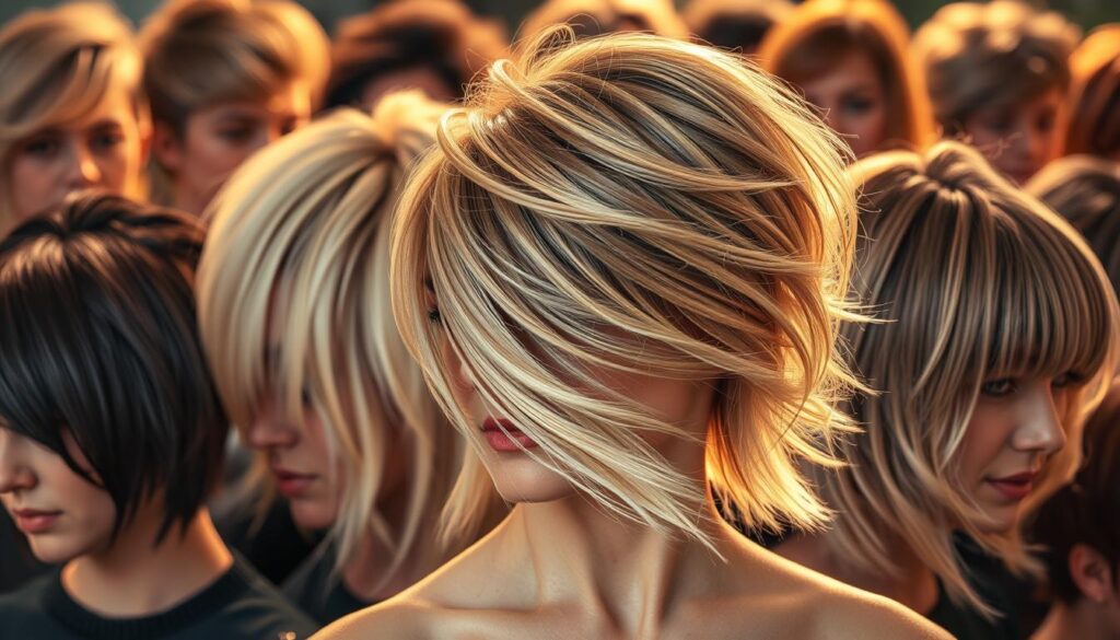 A vibrant, stylized close-up image of diverse layered haircuts showcasing the latest trendy styles. In the foreground, a sharp, well-defined wolf cut with asymmetric layers and wispy bangs. In the middle ground, a soft, feathered butterfly cut with sweeping, voluminous layers. In the background, a mesmerizing array of other layered styles like shag, mullet, and blended bobs, all captured under warm, diffused studio lighting with a shallow depth of field to accentuate the textures and movement of the hair. The image radiates an aspirational, fashionable atmosphere that captures the essence of modern, on-trend layered haircut aesthetics.