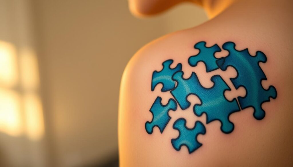 A vibrant tattoo design showcasing the diversity of autism expression. In the foreground, an intricate pattern of intertwined puzzle pieces, each a unique shade of blue, symbolizing the complexities and spectrum of the condition. The middle ground features delicate lines and shapes that flow organically, hinting at the fluidity of the autistic experience. In the background, a soft, ethereal glow emanates, creating a sense of tranquility and inner strength. Lit by warm, diffused lighting and captured from a slightly elevated angle, the design exudes a sense of empowerment and self-acceptance. The overall composition conveys the beauty in the alternative perspectives and creative expressions of the autism community.
